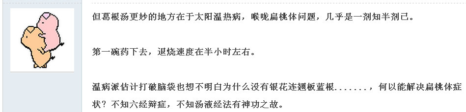 前不久在网上见一人，屡屡宣扬［葛根汤］治“太阳温病”咽喉肿痛效果如神，还说［葛根汤］所主的“太阳伤寒合阳明大肠寒利”说成是“阳明湿热腹泻”，别人的孩子是化脓性扁桃体炎也推荐此方。0.jpg