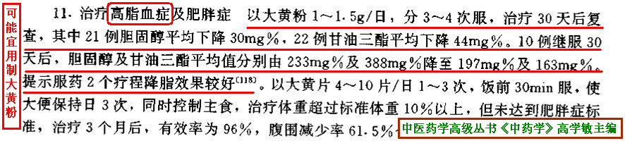 每日分3次服用1.0－1.5克制大黄粉治疗高脂血症及肥胖症的疗效（中医药学高级丛书《中药学》高学敏主编）.jpg