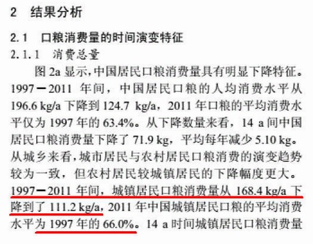 1997-2011年中国城镇居民口粮消费量从168.4千克(约为每天9两)下降到111.2千克(约为每天6两)，降幅达三分之一.jpg